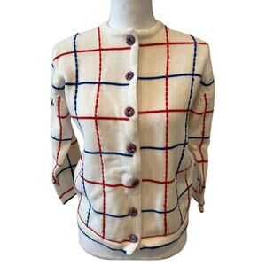Vintage 60s WindowPane Print Cardigan Sweater Red White Blue